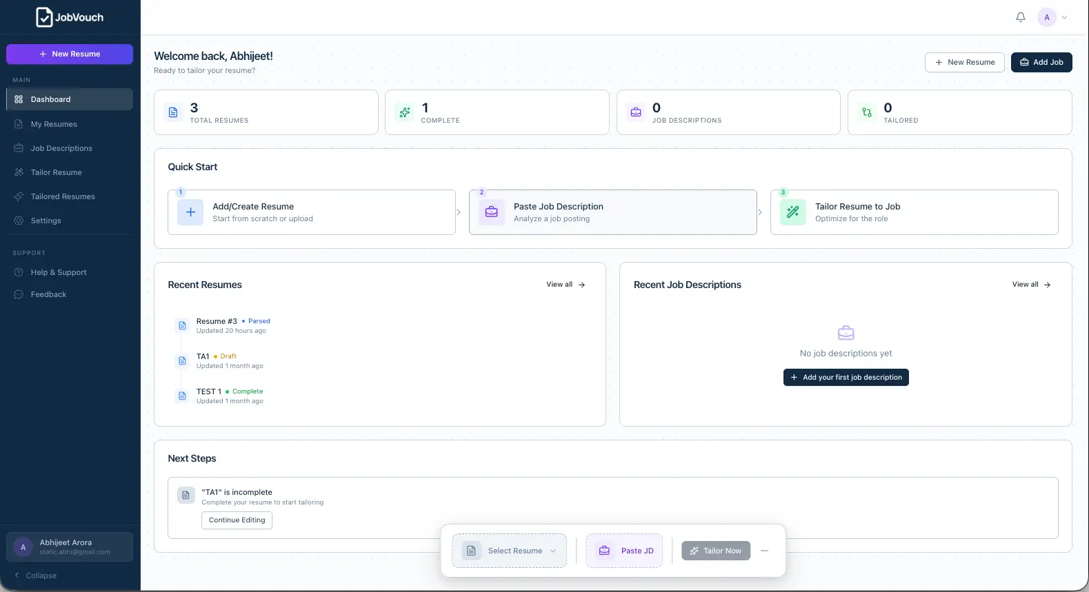 Screenshot 1 of JobVouch AI Resume Tailoring