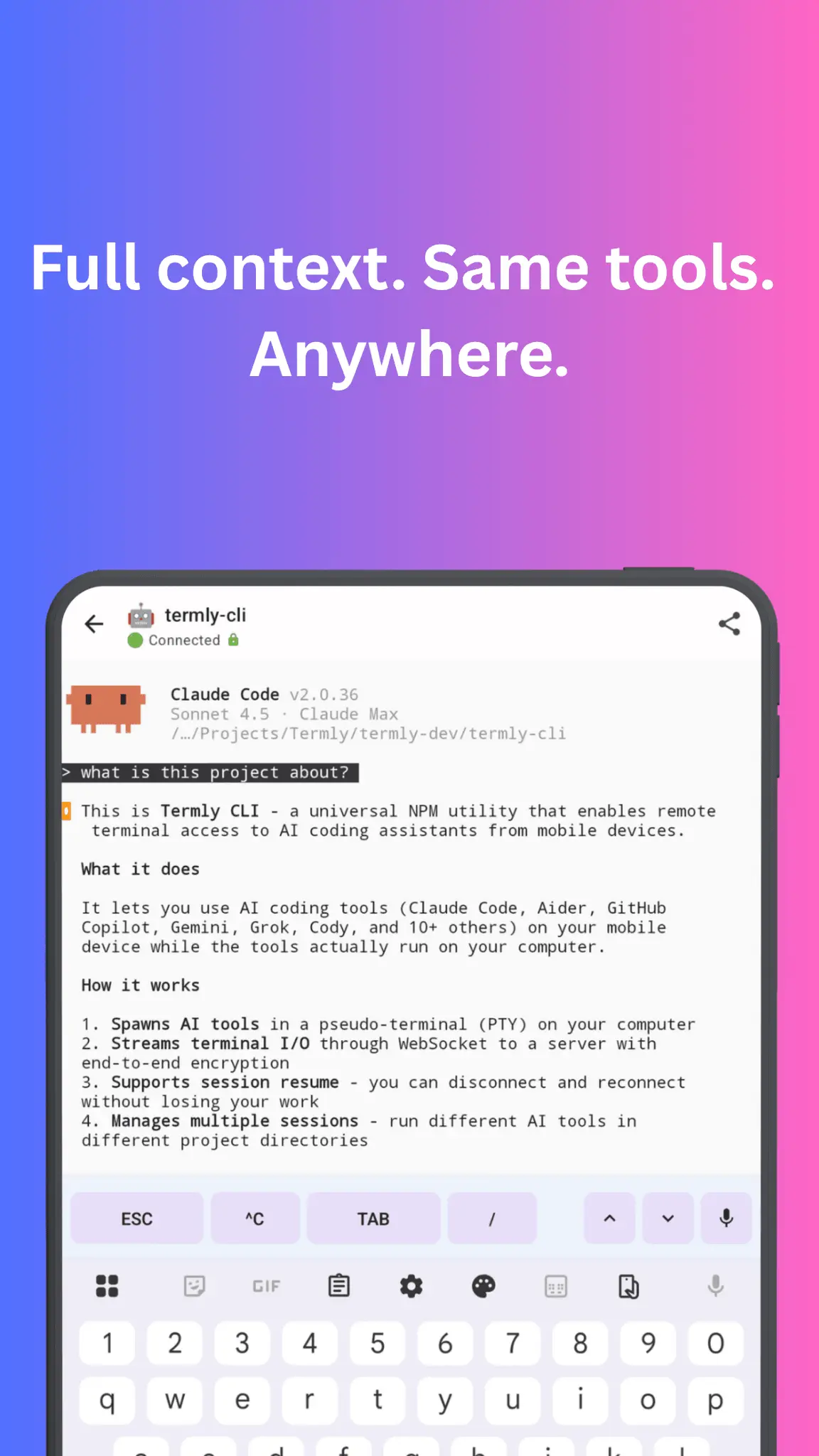 Screenshot 2 of Termly - Mobile mirror for Claude Code