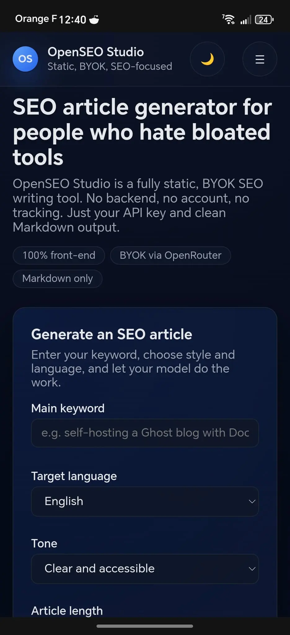 Screenshot 1 of OpenSEO Studio – Article generator